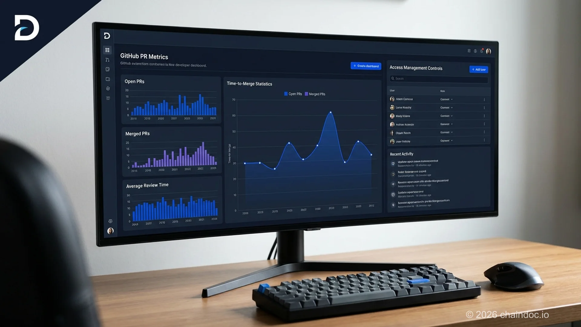 Remote IT onboarding metrics dashboard — engineering team metrics showing time to first commit, PR completion rate, and 30-day retention on a monitor screen