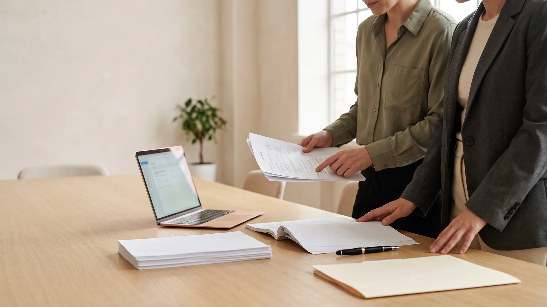 Two compliance professionals at a meeting table checking a printed counterparty list against a contract before it is signed