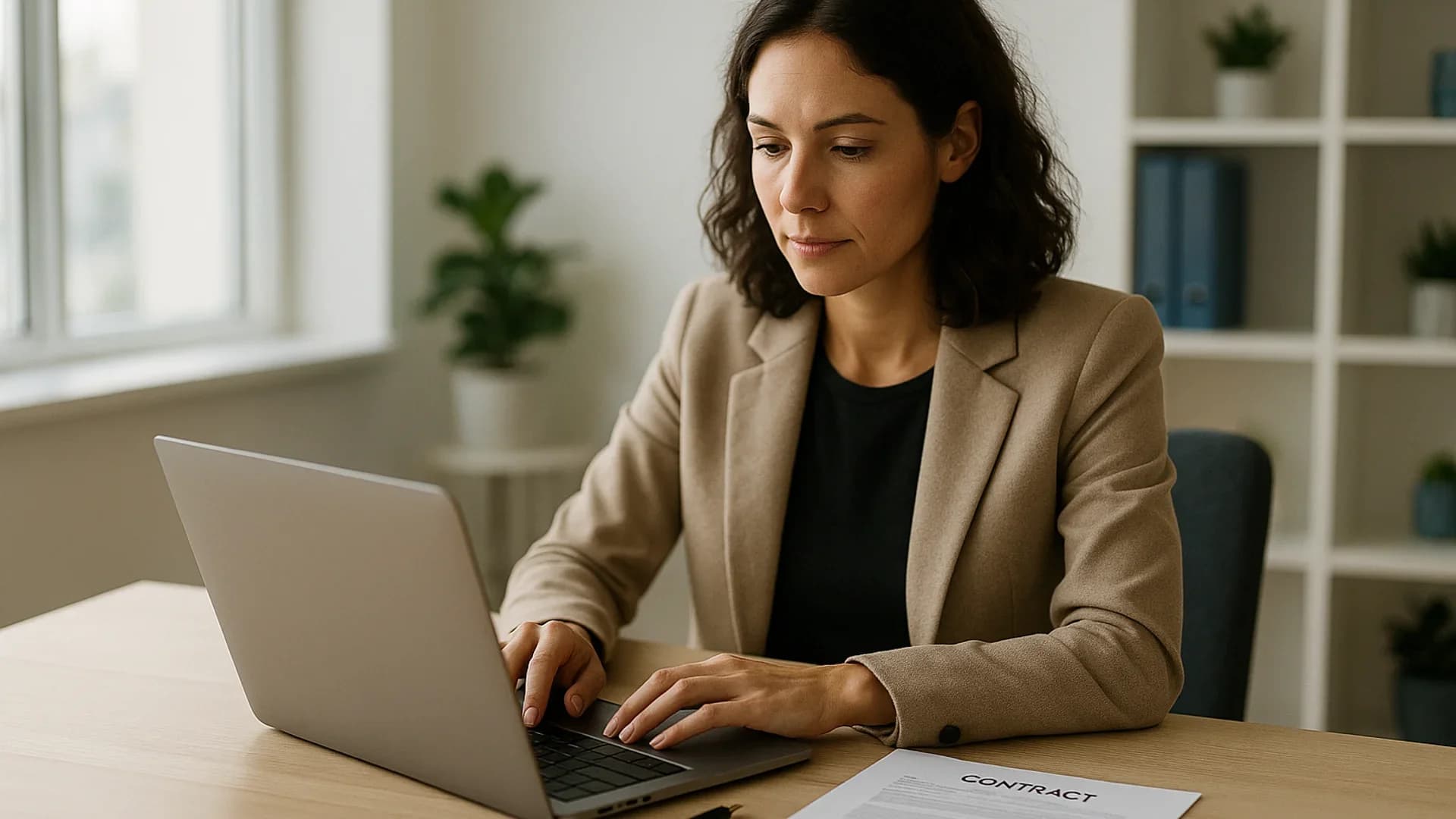 Woman checking a contract on her laptop before she sends the PDF for signature, a printed copy beside her
