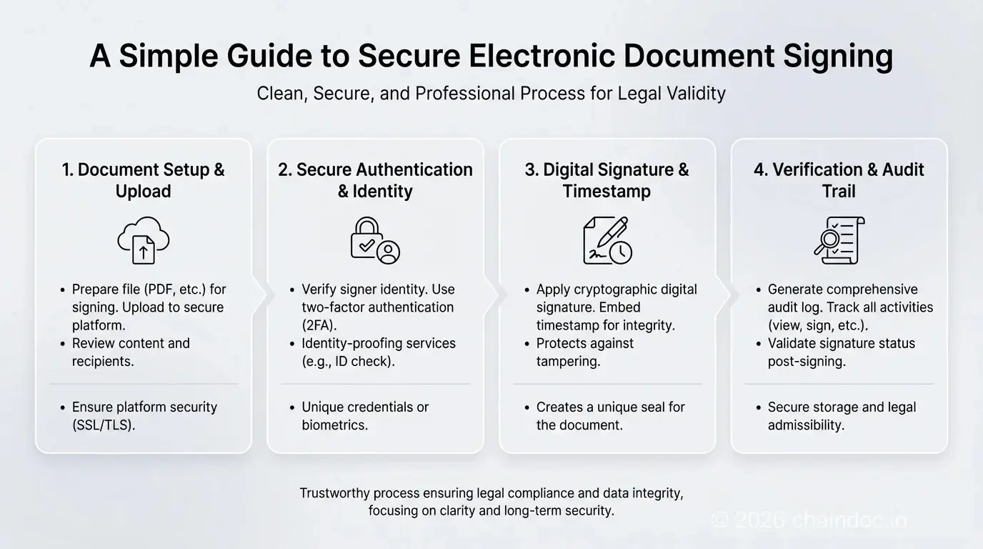 Infografía del flujo de firma electrónica segura de documentos con 4 pasos: recibir el documento, crear la firma, aplicar y enviar, recibir el certificado de finalización