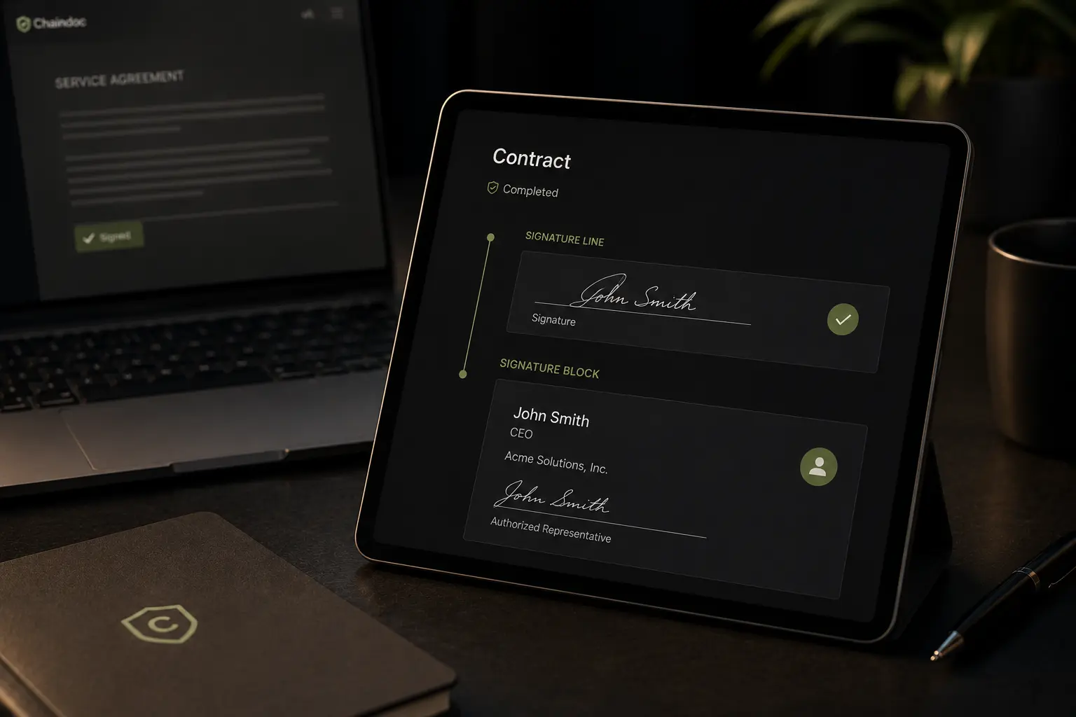 Tablet mit einem unterzeichneten Vertrag: oben die Unterschriftszeile, darunter der Unterschriftenblock mit Name, Funktion und Firma