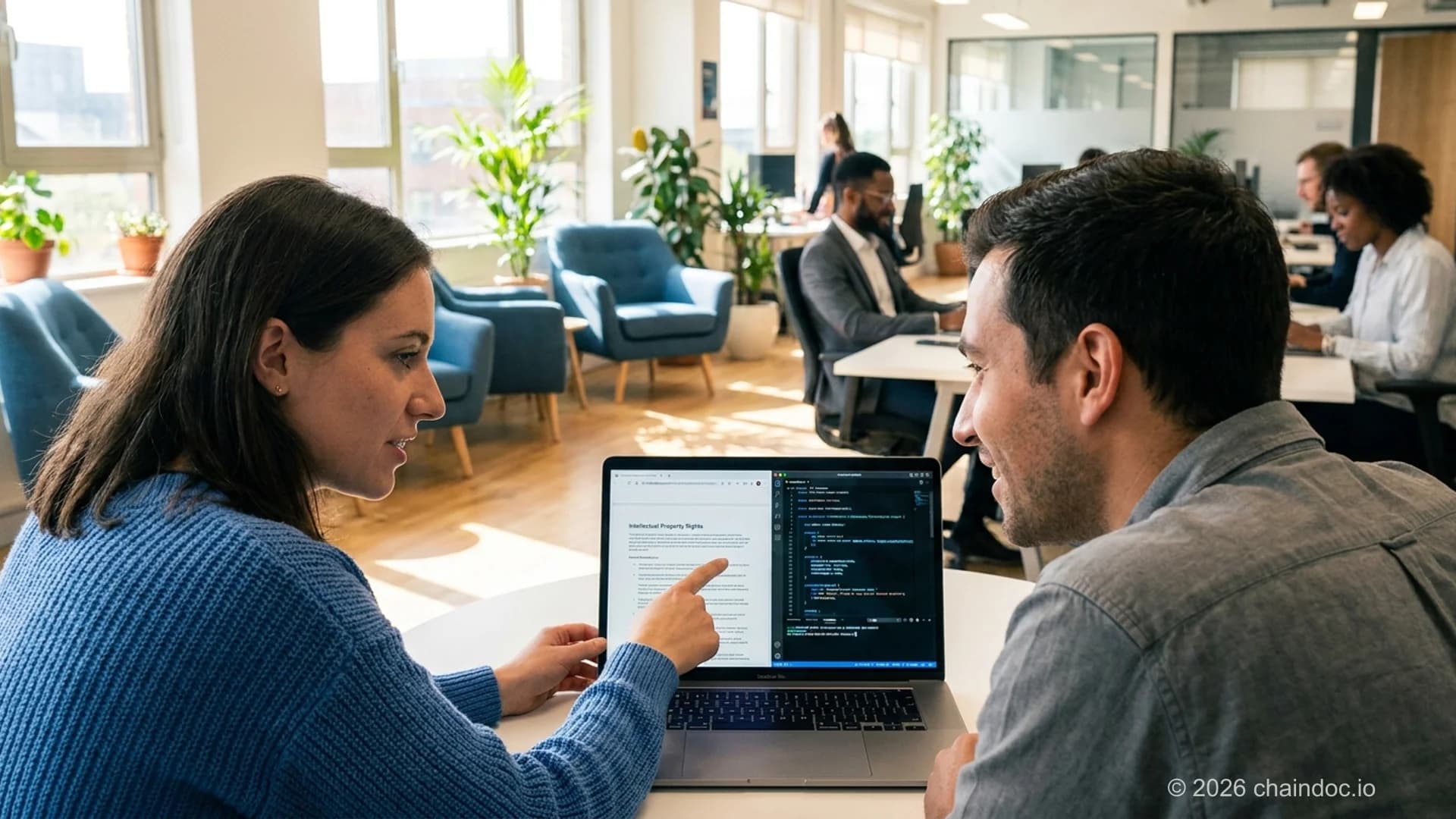 Two developers reviewing a software development agreement contract together. IP rights and scope clauses visible on screen
