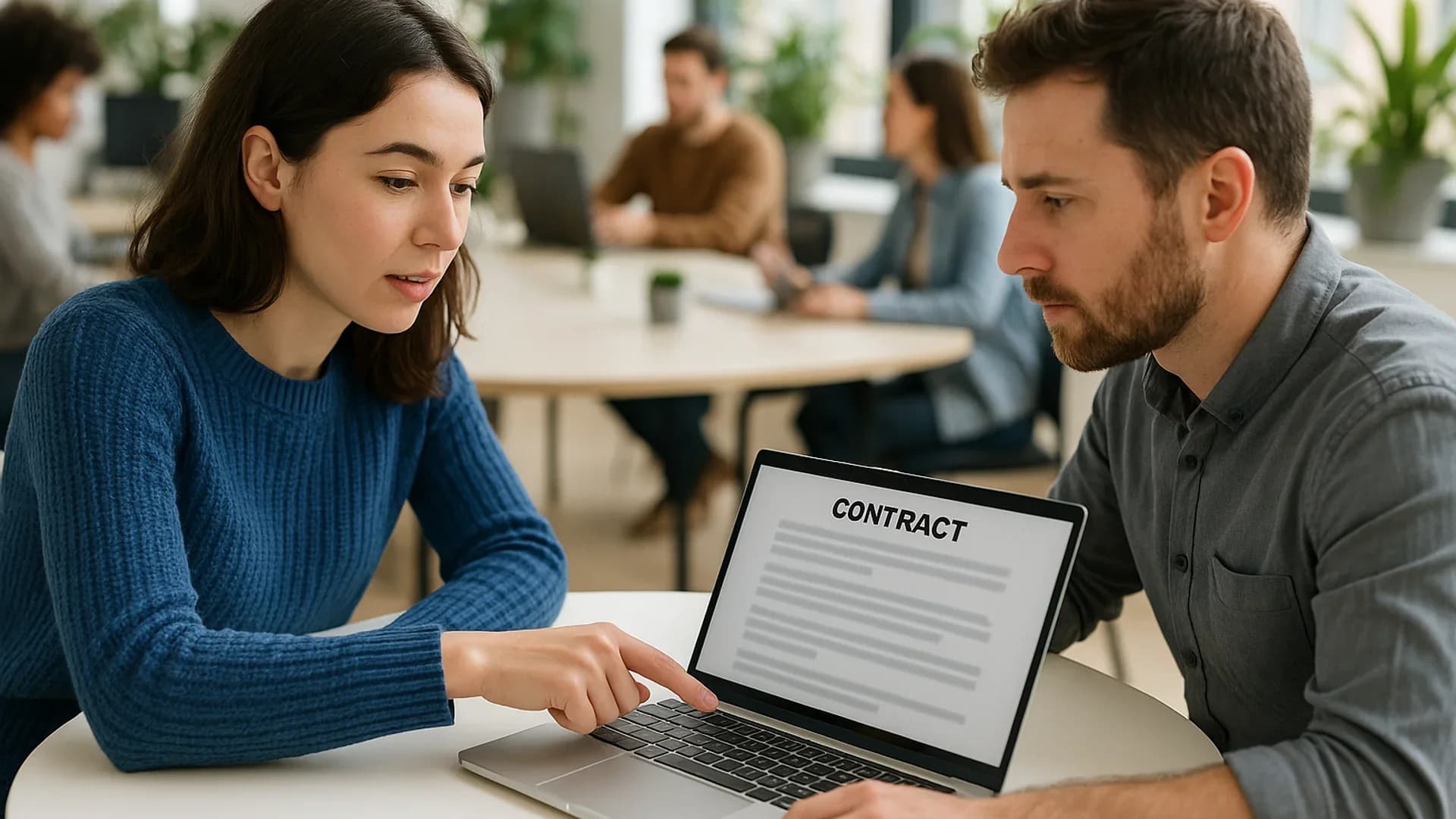 Two developers reviewing a software development agreement contract together. IP rights and scope clauses visible on screen