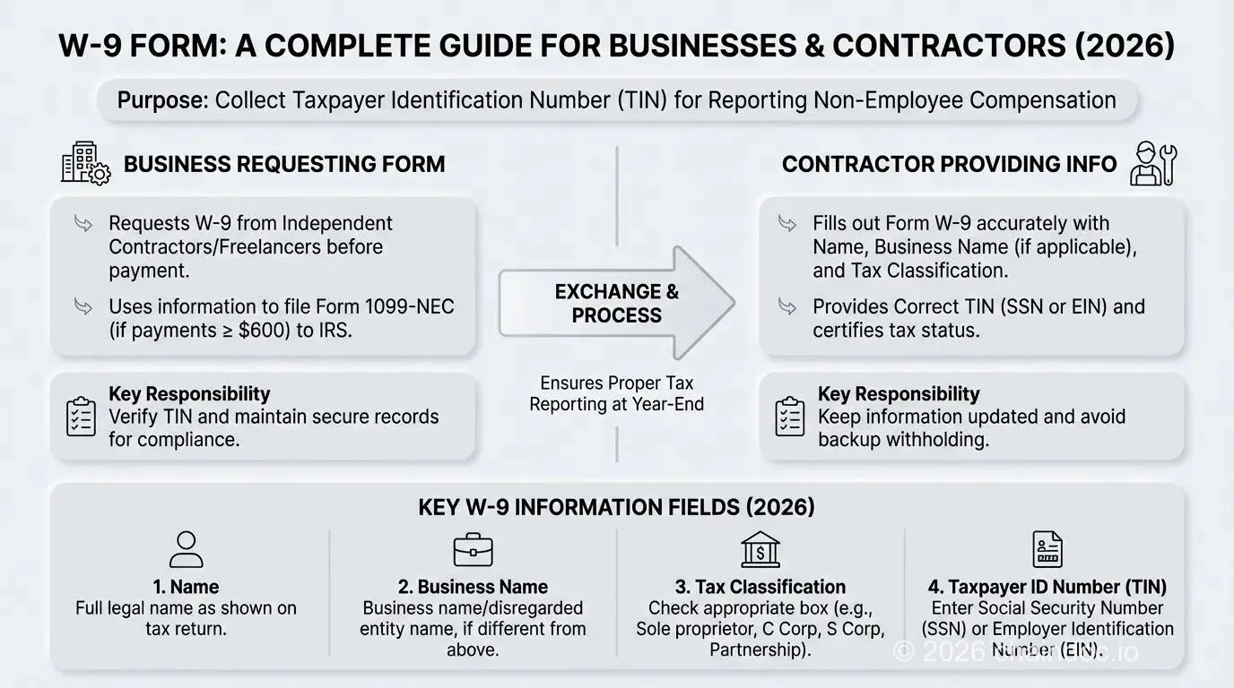 W-9 form workflow infographic: step-by-step visual guide for businesses and contractors