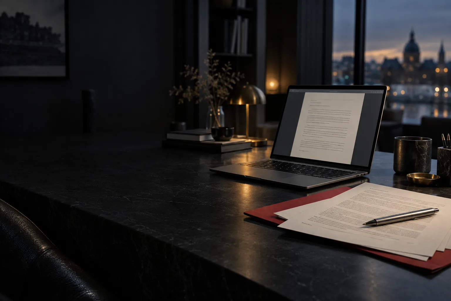 Laptop displaying a document beside a red folder in a dark office