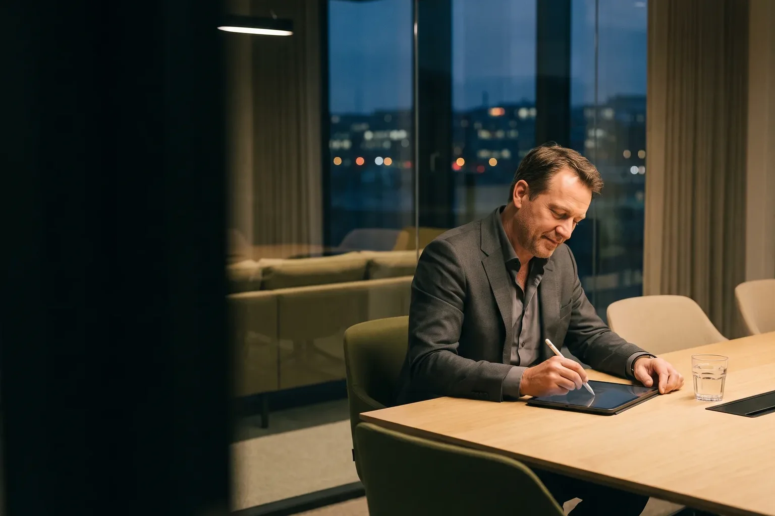 A man in a suit signs on a tablet with a stylus at a meeting-room table, city lights behind the glass