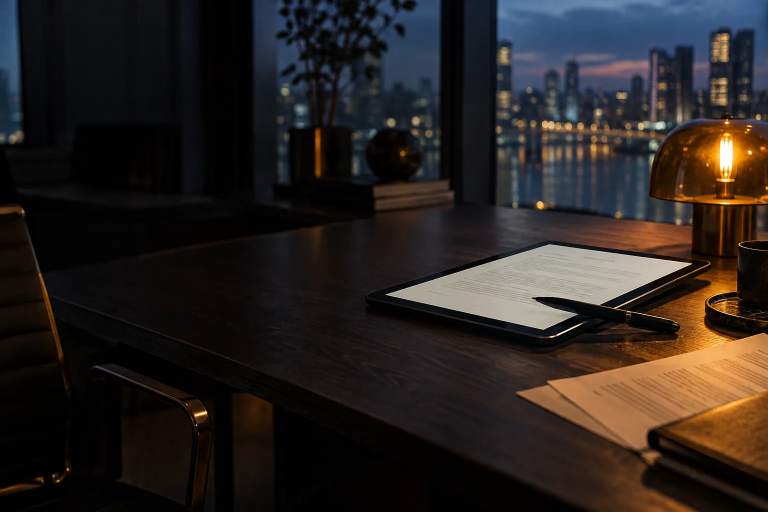 Tablet and contracts on a dark desk beside an amber lamp at dusk