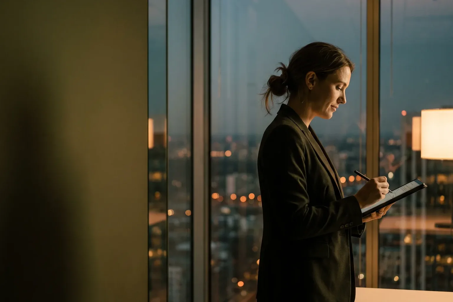 A businesswoman signs a contract on a tablet with a stylus beside the window of a high-rise office at dusk