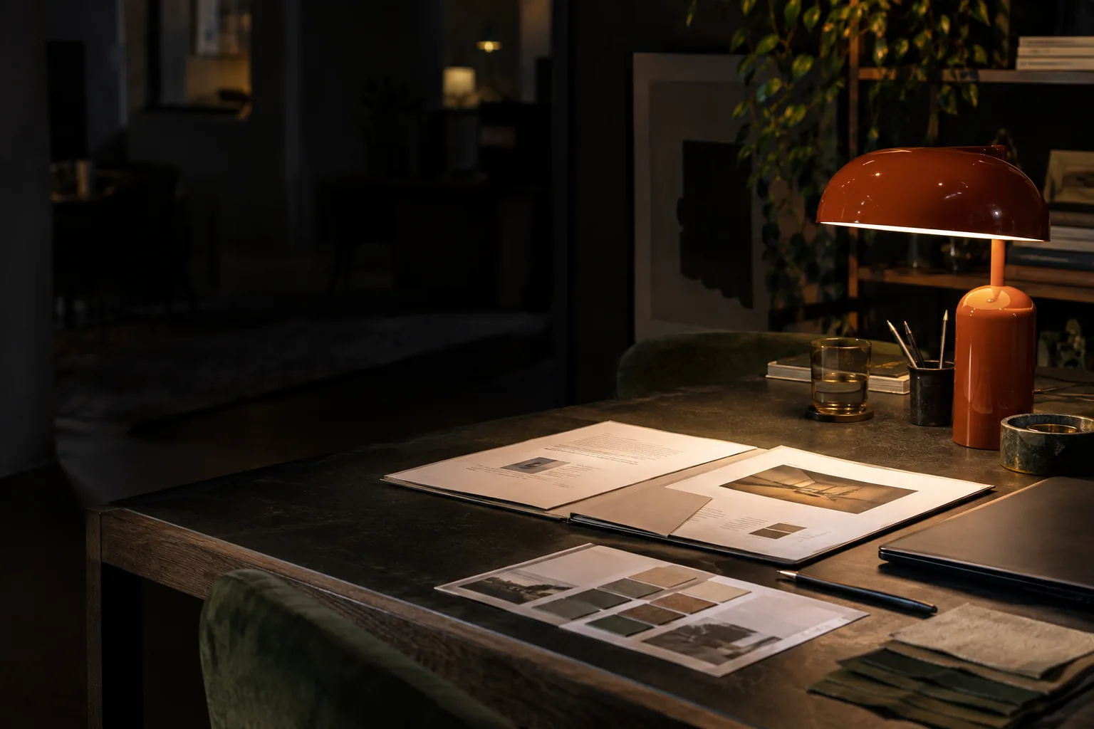 Open proposal folder and paper samples under an orange lamp in a dark studio