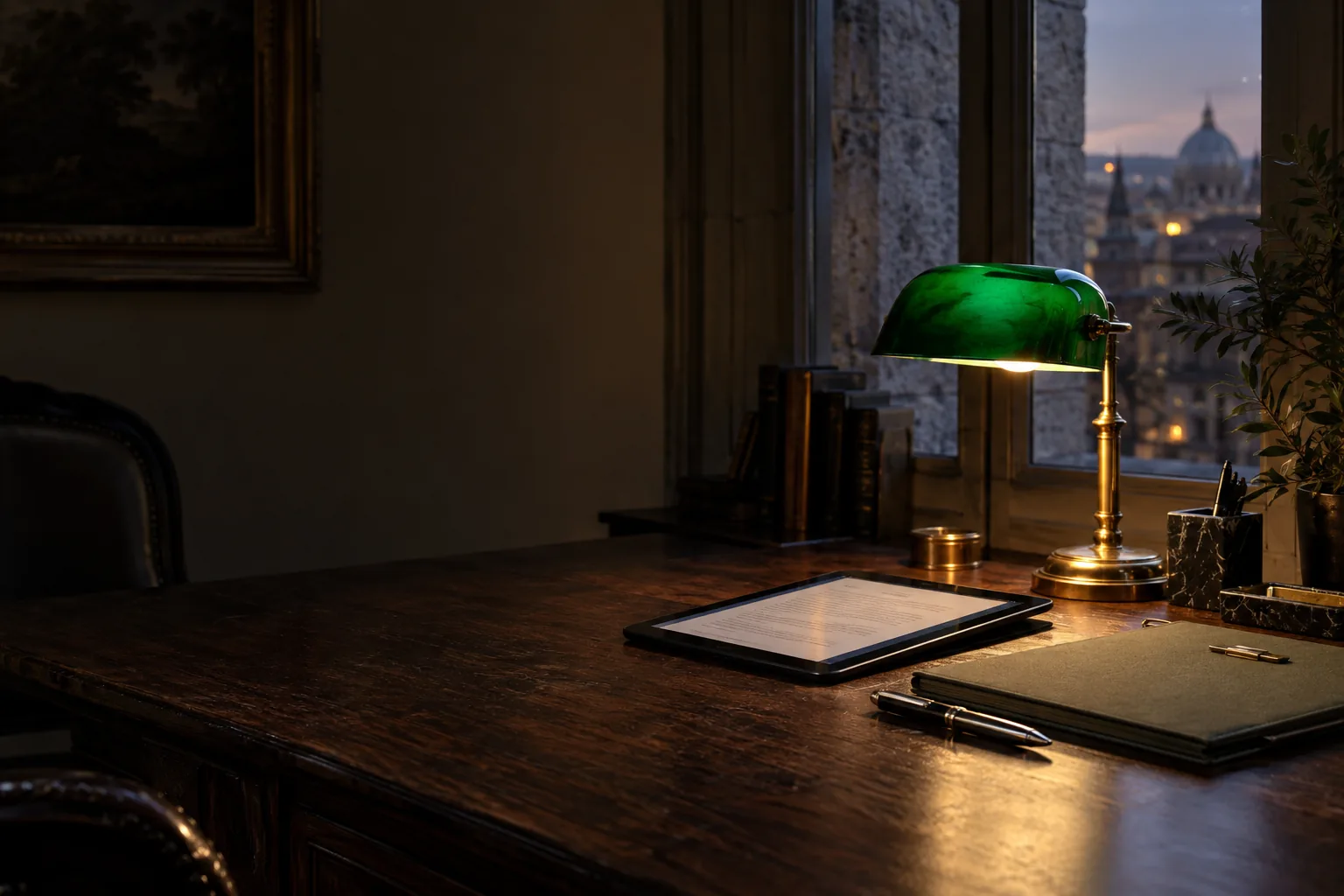 Tablet and document folio beneath a green glass lamp in an evening office