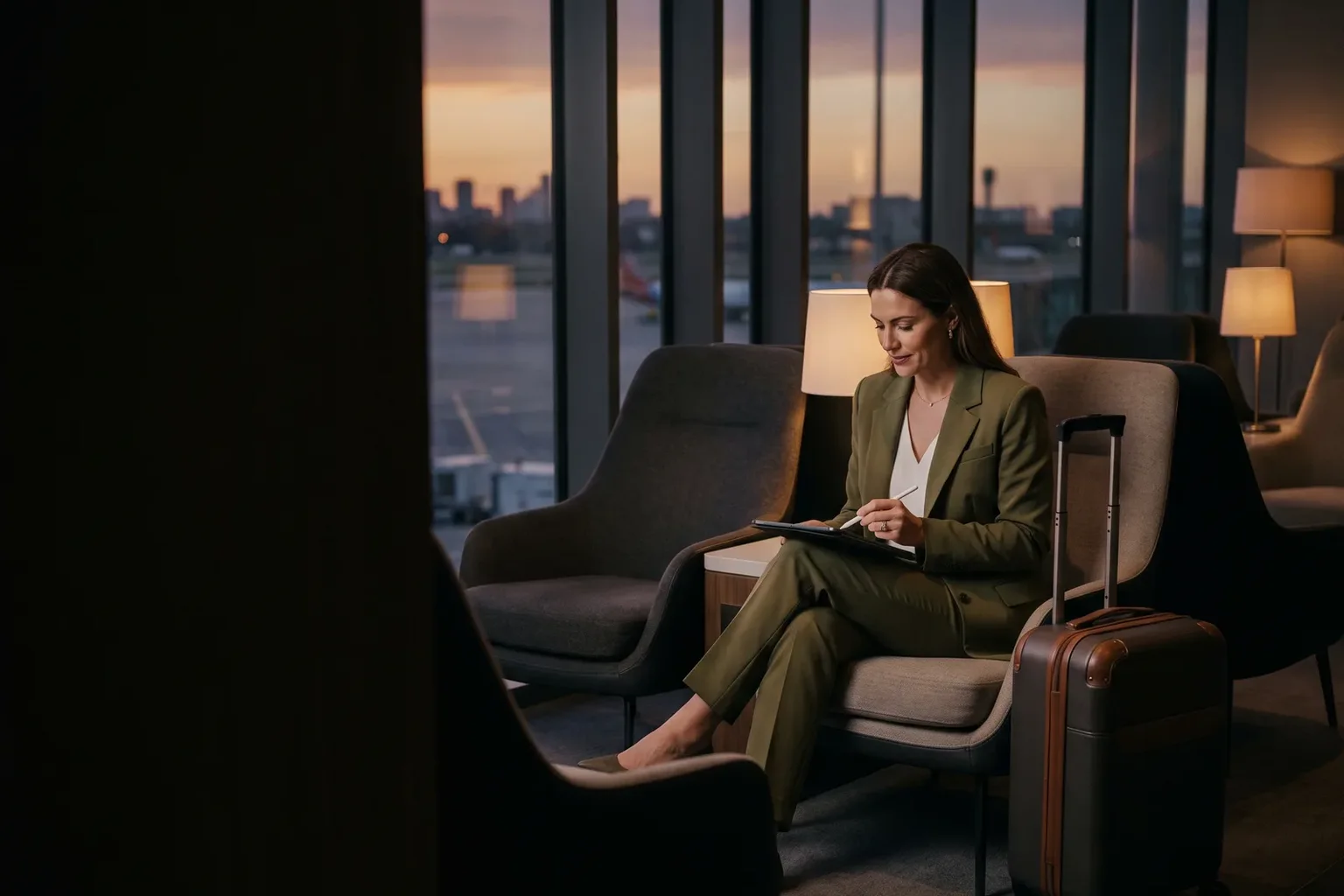 A businesswoman in an olive suit signs on a tablet in an airport lounge at dusk, a carry-on suitcase beside her