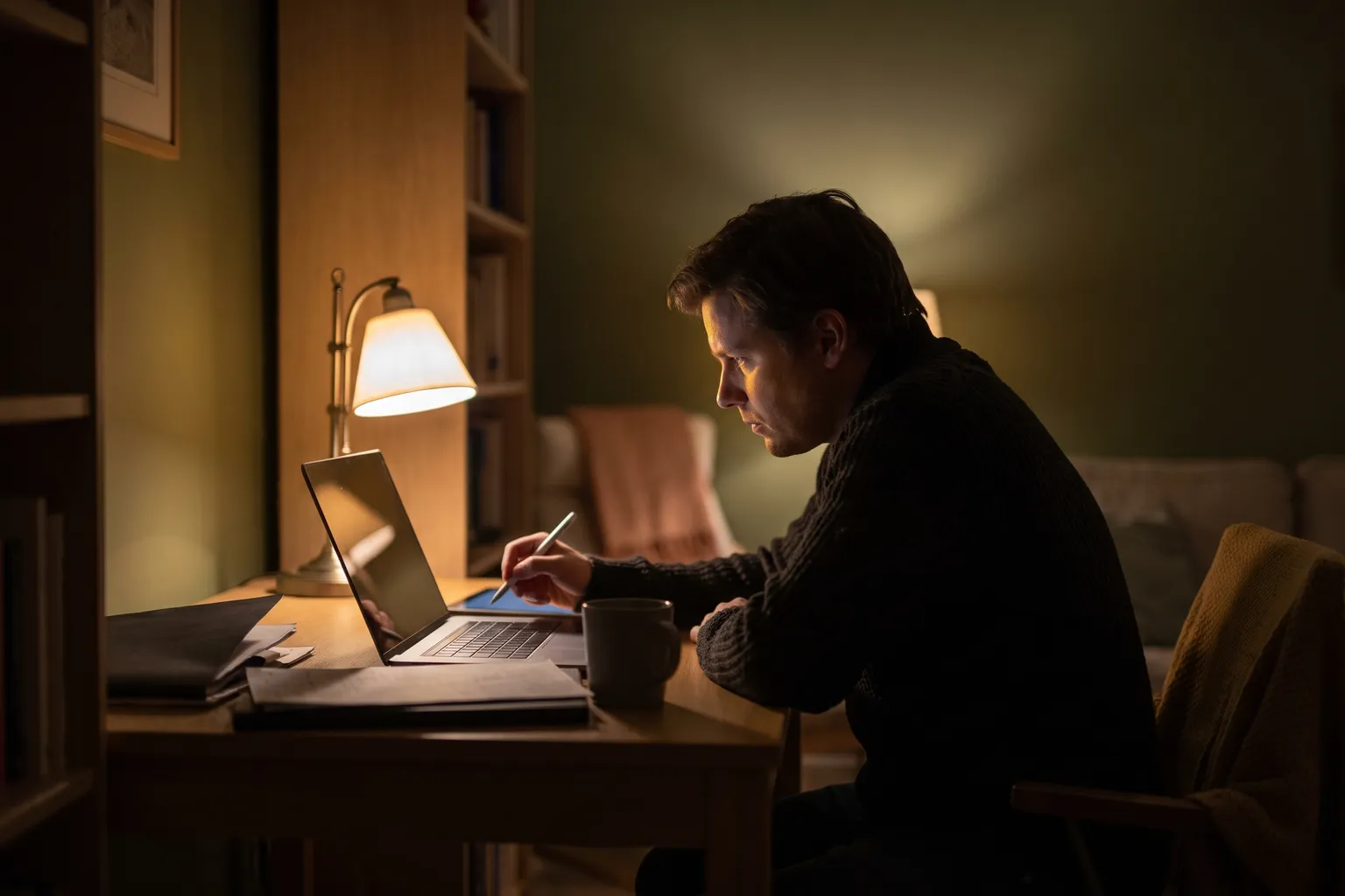 A person signing a document on a laptop at a desk at night