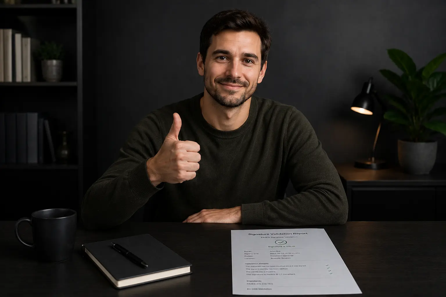Un homme à son bureau lève le pouce à côté d'un rapport de validation de signature imprimé marqué valide