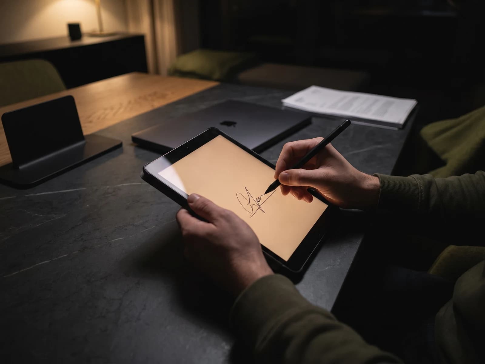 Mãos assinam um contrato com uma caneta digital em um tablet, num escritório escuro, com um notebook fechado e uma cópia em papel atrás