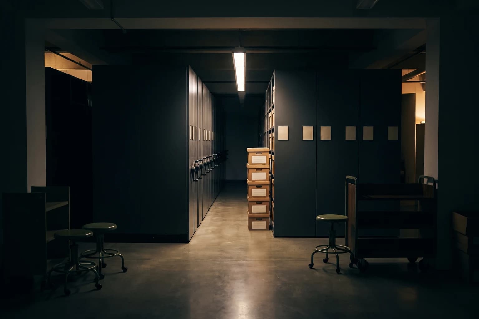 An aisle of grey mobile shelving in a corporate records room at night, archive boxes under a single strip light
