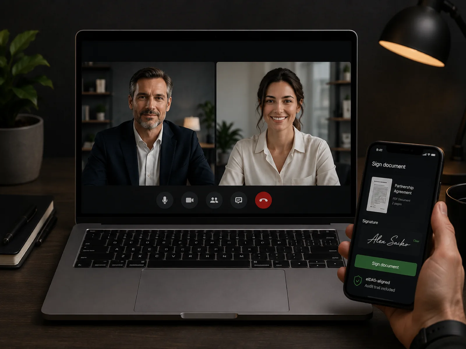 Signing a contract on a phone during a video call, with an eIDAS-aligned audit trail