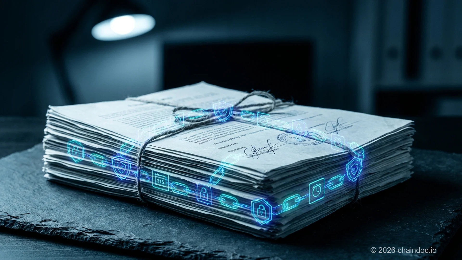 Audit trail visualization: chronological chain of digital signature events with cryptographic seals on document