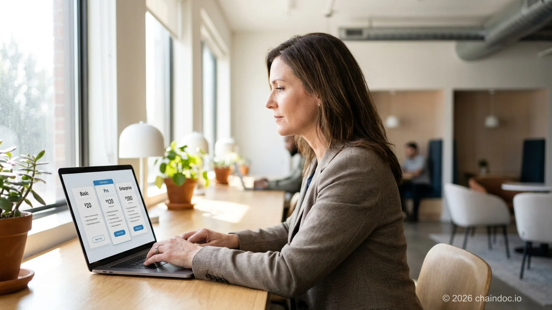 Small business owner comparing DocuSign subscription plans on a laptop in a bright office