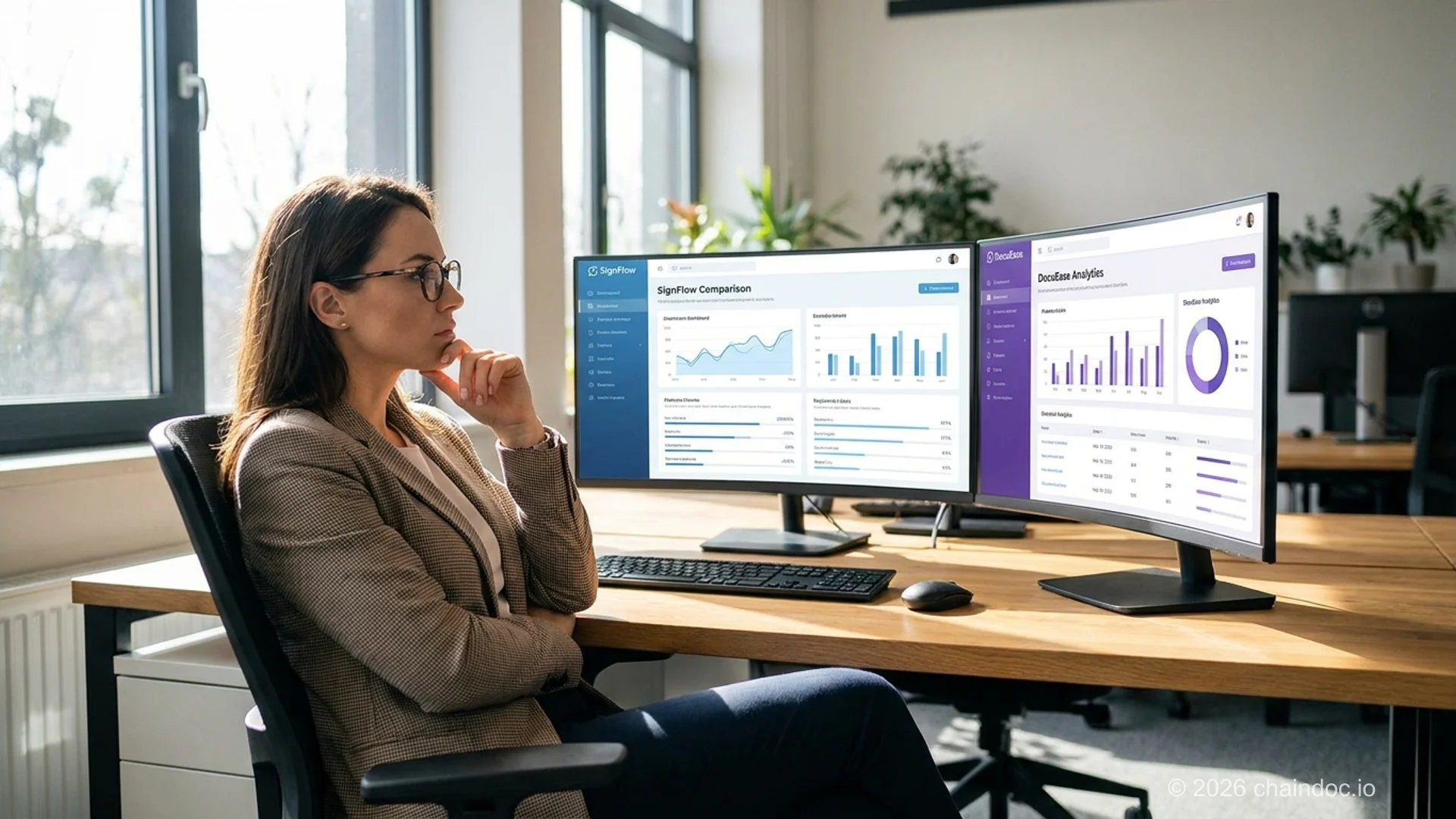 Professional weighing DocuSign vs Adobe Sign software options across dual monitors in a bright office
