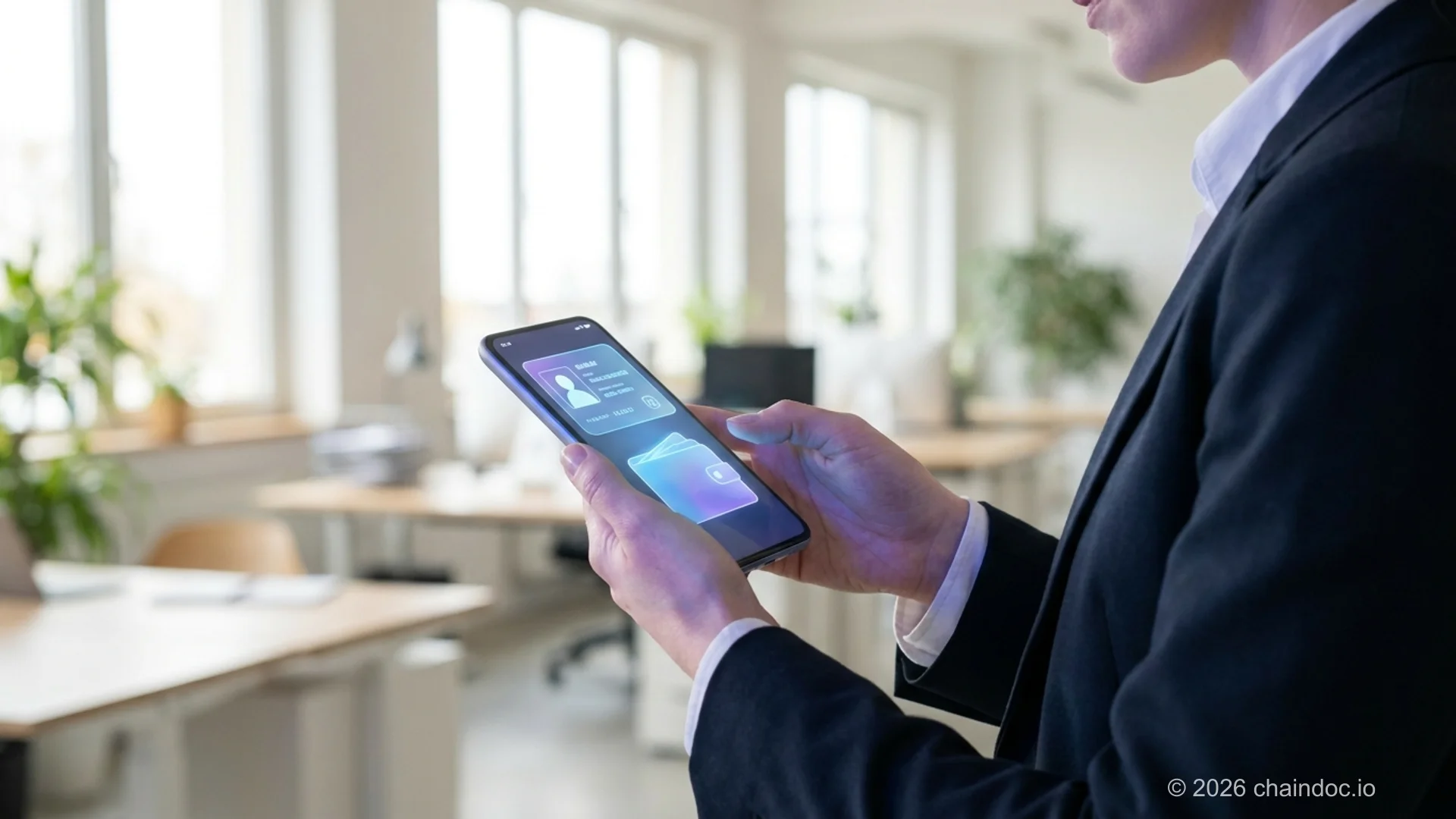 Professional verifying digital identity on a smartphone in an office setting