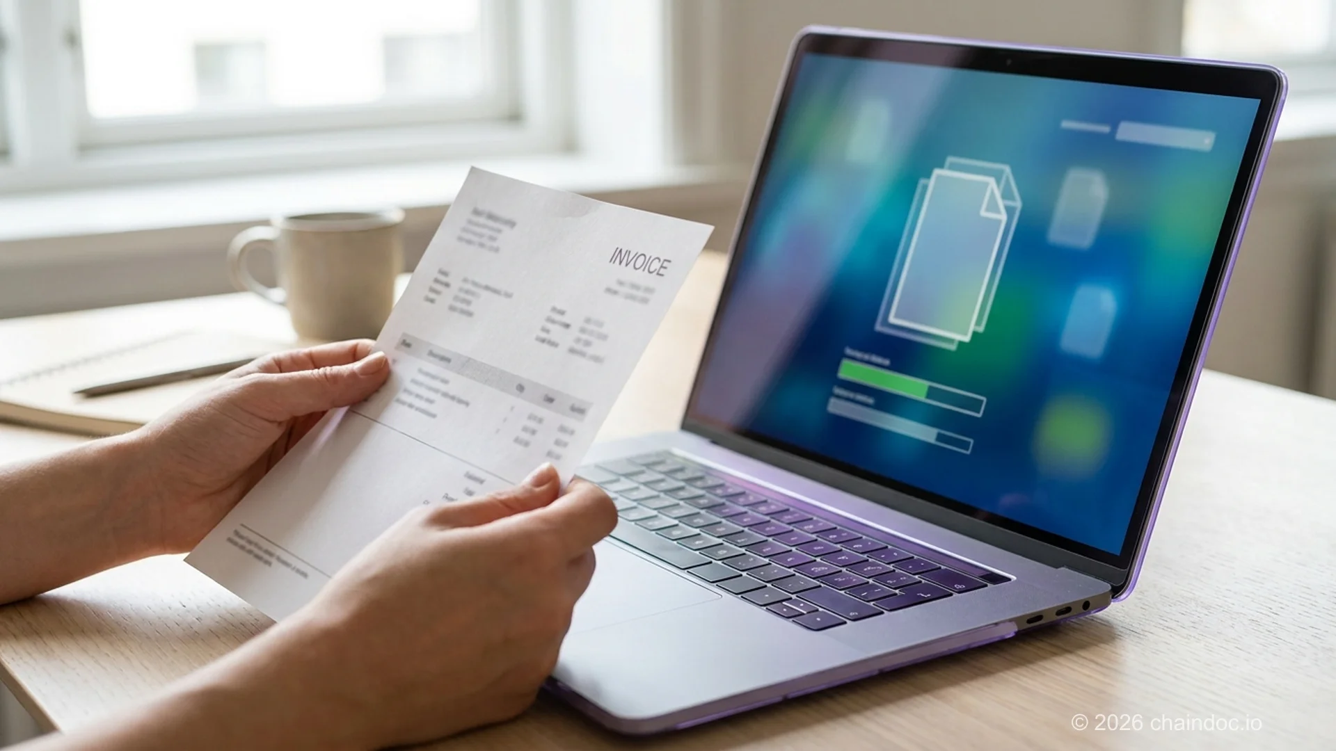 Hands holding a printed invoice beside a laptop running an electronic seal verification check