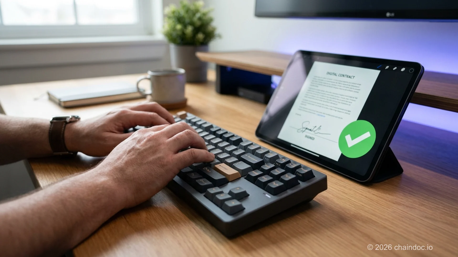 Developer working at a multi-monitor setup integrating an esignature api into a web application