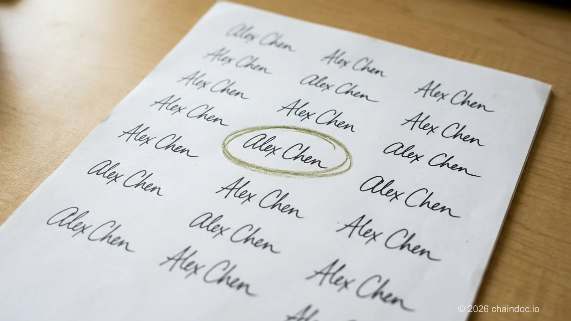Sheet of paper with the same name signed repeatedly in different styles, with the strongest version circled