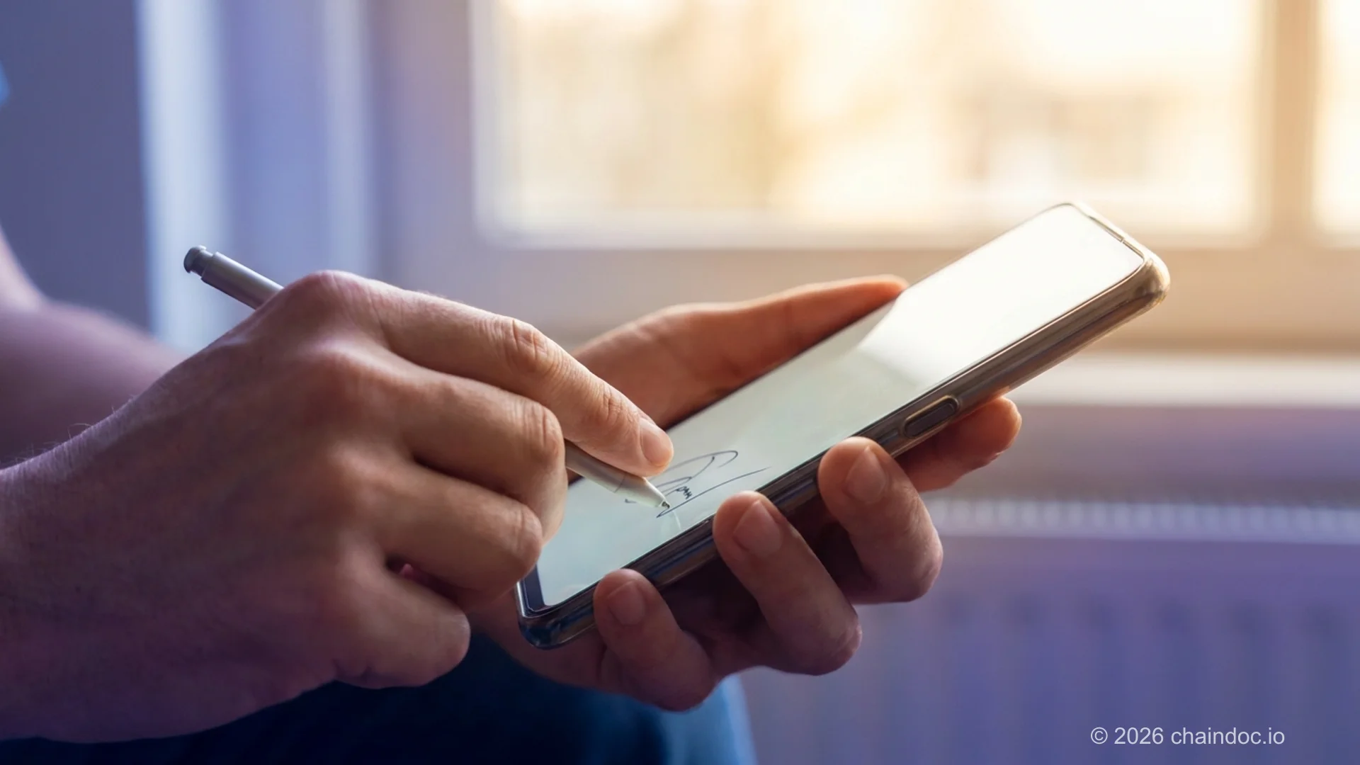 Close-up of hands signing a document on a smartphone screen to sign a PDF on a phone