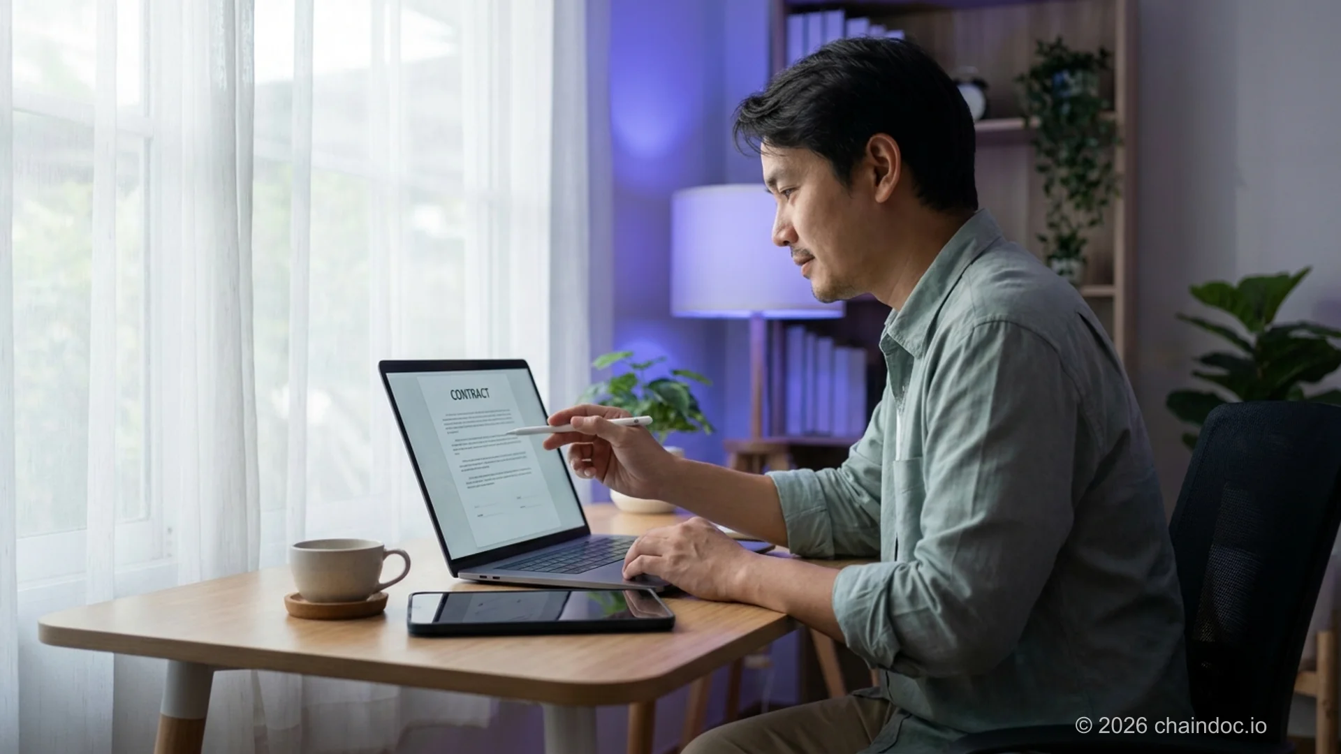 Freelancer reviewing and signing an independent contractor agreement on a laptop