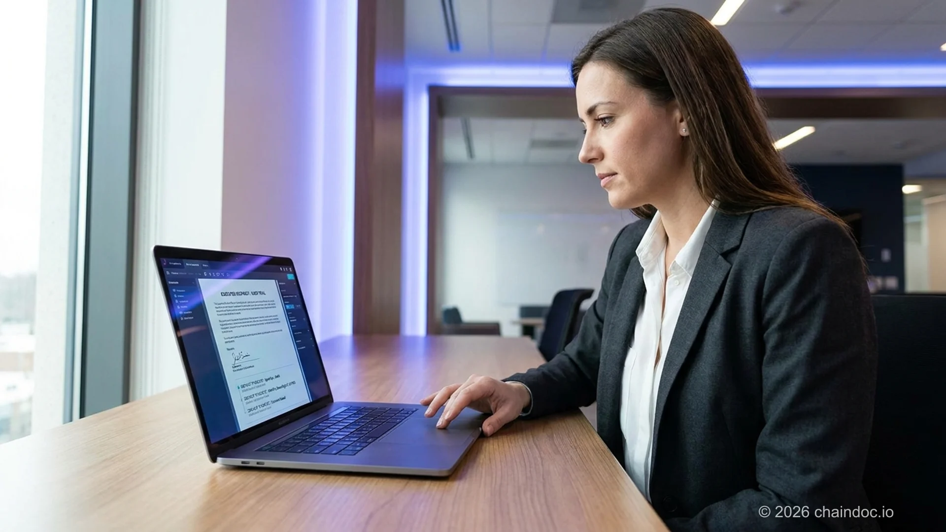 Professional reviewing a signed contract's digital audit trail on a laptop screen to confirm a DocuSign signature is legally binding