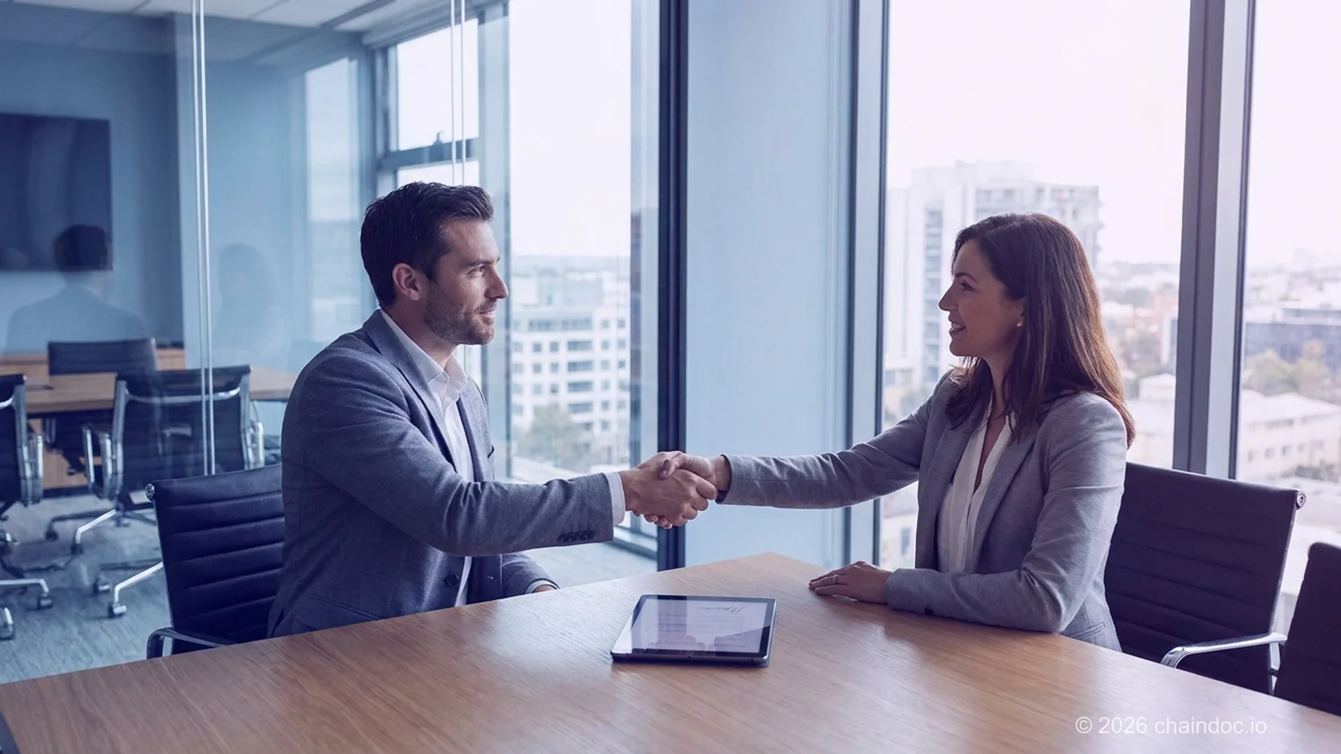 Two professionals shaking hands after signing a confidentiality agreement on a tablet