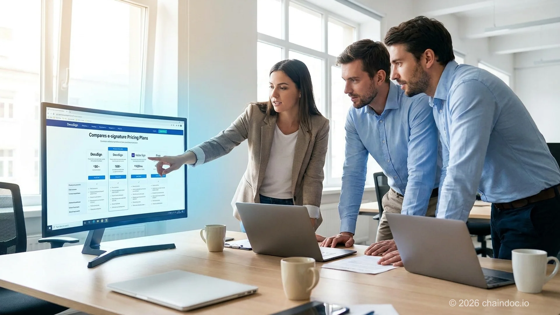 Team comparing PandaDoc vs DocuSign and other e-signature software options on a shared screen