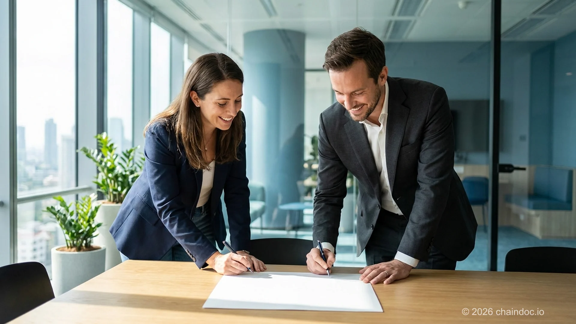 Two business partners signing a partnership agreement document together