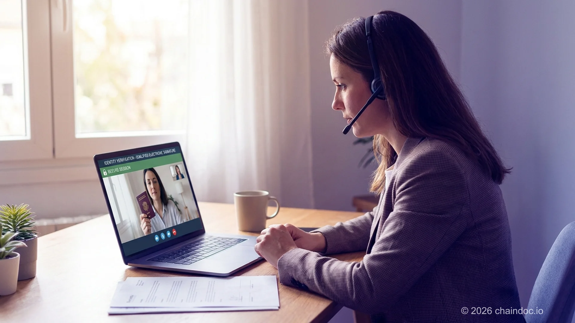 Professional completing remote identity verification for a qualified electronic signature certificate via video call