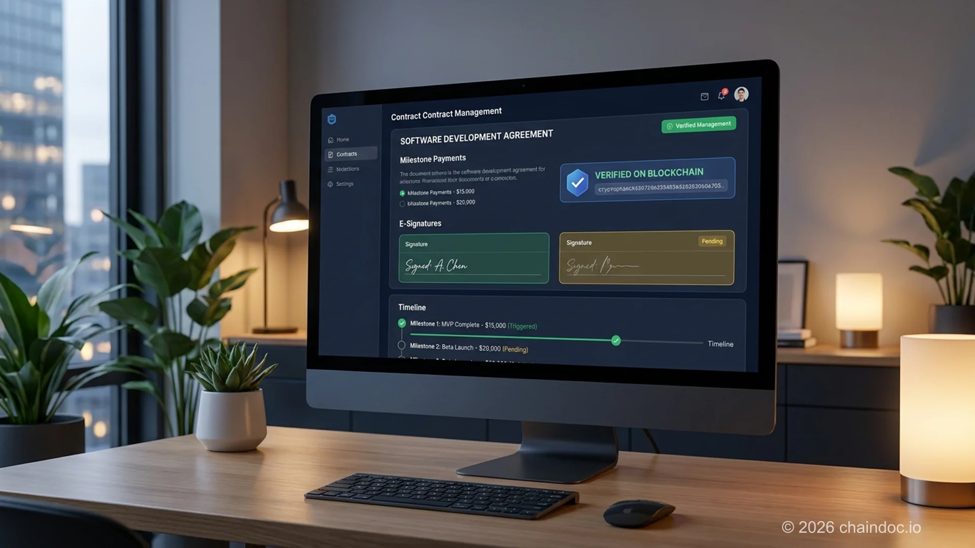 Software development agreement signing workflow — digital contract management dashboard showing milestone payments and e-signature status